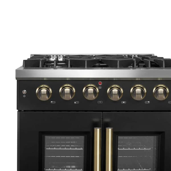 Front-facing close-up of the FORNO Galiano 30-Inch French Door Gas Range in black, showcasing durable stainless steel control knobs with clear temperature markings and a sleek, modern matte black panel.