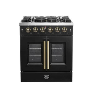 Front view of the FORNO Galiano 30-Inch French Door Gas Range in black, featuring a matte black finish, four sealed burners, and elegant double oven doors with stainless steel handles.
