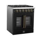 Left-angled front view of the FORNO Galiano 30-Inch French Door Gas Range in black, showcasing its sleek matte finish, four brass burners, and premium twin oven doors with stainless steel handles.