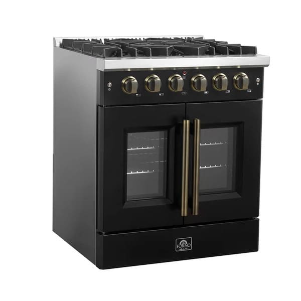 Left-angled front view of the FORNO Galiano 30-Inch French Door Gas Range in black, showcasing its sleek matte finish, four brass burners, and premium twin oven doors with stainless steel handles.