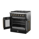 Right-angled view of the FORNO Galiano 30-Inch French Door Gas Range in black with both oven doors open, displaying a vibrant blue enamel interior, convection fan, and adjustable oven racks for flexible baking and roasting.