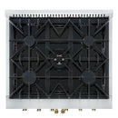 Top-down view of the FORNO Galiano 30-Inch French Door Gas Range in white, featuring four sealed brass burners, continuous cast iron grates, and a sleek matte white surface for efficient, professional-grade cooking.