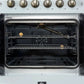 Interior view of the FORNO Galiano 30-Inch French Door Gas Range in white, highlighting the vibrant blue enamel cavity, convection fan, and multiple chrome oven racks for flexible, even cooking.
