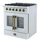 Right-angled view of the FORNO Galiano 30-Inch French Door Gas Range in white, highlighting the matte white finish, four brass burners, and dual French-style oven doors with stainless steel handles.