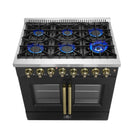 Top-down front view of the FORNO Galiano 36-Inch Dual Fuel Range in black, featuring six sealed burners, continuous cast iron grates, and brass burner caps.