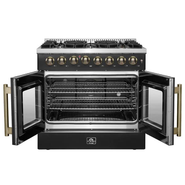 Front view of the FORNO Galiano 36-Inch Dual Fuel Range in black with both French oven doors open, highlighting the spacious interior and blue enamel finish.