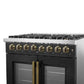Right-angle view of the FORNO Galiano 36-Inch Dual Fuel Range in black, highlighting the illuminated metal control knobs and sleek front panel design.