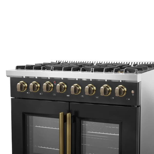 Right-angle view of the FORNO Galiano 36-Inch Dual Fuel Range in black, highlighting the illuminated metal control knobs and sleek front panel design.