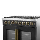 Right-angle view of the FORNO Galiano 36-Inch Dual Fuel Range in black, highlighting the illuminated metal control knobs and sleek front panel design.