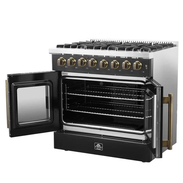 Right-angle view of the FORNO Galiano 36-Inch Dual Fuel Range in black with French doors open, showcasing the blue porcelain oven cavity and telescopic racks.
