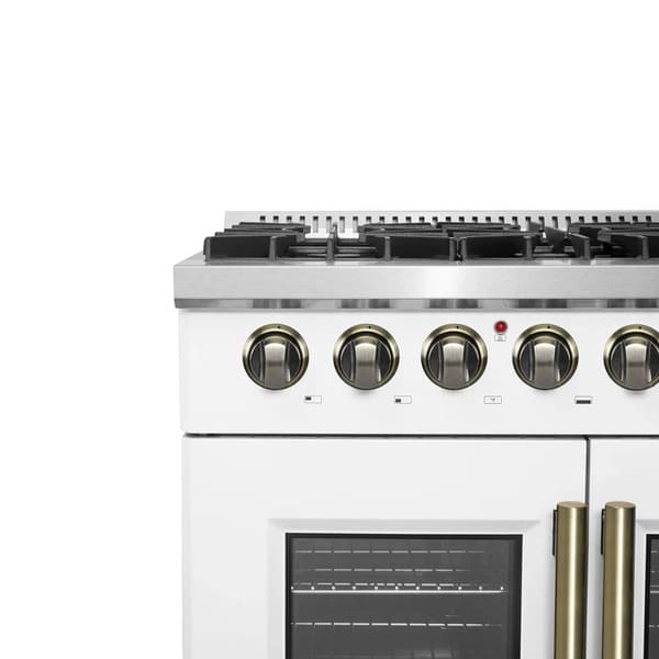 Close-up view of the control knobs on the FORNO Galiano 36-Inch French Door Dual Fuel Range in white, featuring antique brass finishes for a classic and elegant look.