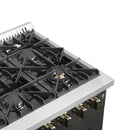 Close-up of the right corner of the cooktop on the FORNO Galiano 36-Inch French Door Dual Fuel Range in white, highlighting the sealed gas burners, cast iron grates, and sleek stainless steel trim.