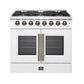 Front view of the FORNO Galiano 36-Inch French Door Dual Fuel Range in white with brass knobs, showcasing its sleek design and spacious oven doors.