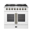 Front view of the FORNO Galiano 36-Inch French Door Dual Fuel Range in white with brass knobs, showcasing its sleek design and spacious oven doors.