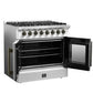 Left angled view of the FORNO Galiano 36-Inch French Door Dual Fuel Range in white with both oven doors open, revealing the spacious interior and multiple oven racks.