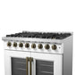FORNO Galiano 36-Inch French Door Dual Fuel Range with 6 Gas Burners and 5.36 Cu.Ft. Electric Convection Oven in Black/White with Antique Brass Trim - MyBBQDirect
