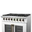 FORNO Galiano 36-Inch French Door Dual Fuel Range with 6 Gas Burners and 5.36 Cu.Ft. Electric Convection Oven in Black/White with Antique Brass Trim - MyBBQDirect