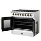 Right angled view of the FORNO Galiano 36-Inch French Door Dual Fuel Range in white with both oven doors open, showcasing the oven's interior and rack configuration.