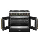 Front view of the FORNO Galiano 36-Inch French Door Gas Range in black with both oven doors open, showcasing a blue porcelain interior, convection fan, and three adjustable chrome oven racks.