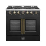 Front view of the FORNO Galiano 36-Inch French Door Gas Range in black, featuring six sealed burners, elegant French oven doors with window panes, and a modern matte black finish with brass accents.