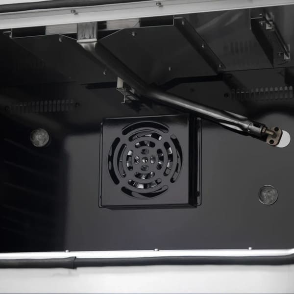 Interior view of the FORNO Galiano 36-Inch French Door Gas Range in black, showing the convection oven's blue enamel cavity, broiler element, and multiple chrome oven rack positions for flexible cooking.