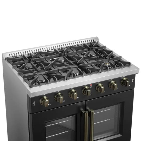 Left-angled view of the cooktop on the FORNO Galiano 36-Inch French Door Gas Range in black, showcasing six sealed brass burners, heavy-duty cast iron grates, and precise control knobs with brass accents.