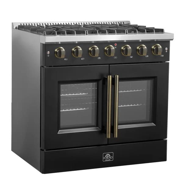Left-angled view of the FORNO Galiano 36-Inch French Door Gas Range in black, showcasing six sealed burners, brass-finished knobs, and stylish French oven doors with a matte black exterior.