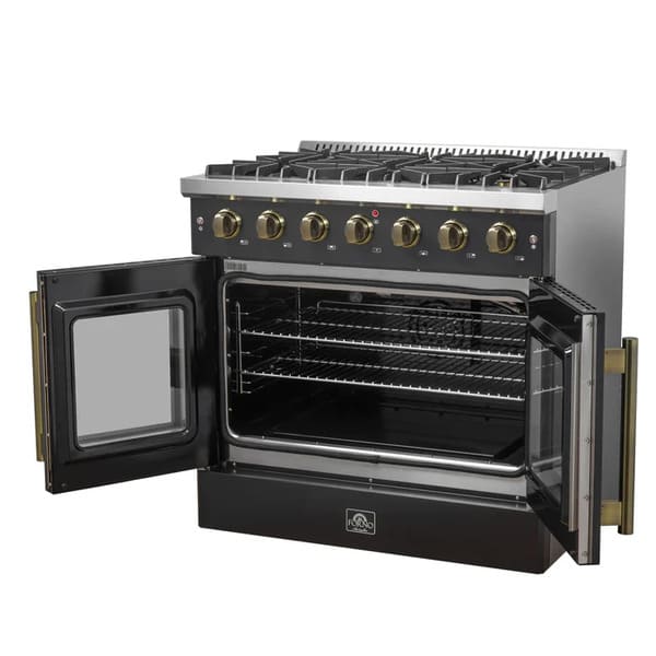 Right-angled view of the FORNO Galiano 36-Inch French Door Gas Range in black with both oven doors open, displaying the spacious blue enamel oven cavity, convection fan, and multiple chrome racks.