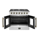 Front view of the FORNO Galiano 36-Inch French Door Gas Range in white with both oven doors open, showcasing a blue porcelain interior, convection fan, and three adjustable chrome oven racks.