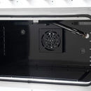 Interior close-up of the FORNO Galiano 36-Inch French Door Gas Range in white, featuring the convection oven fan set against a vibrant blue enamel backdrop for efficient, even heat circulation.