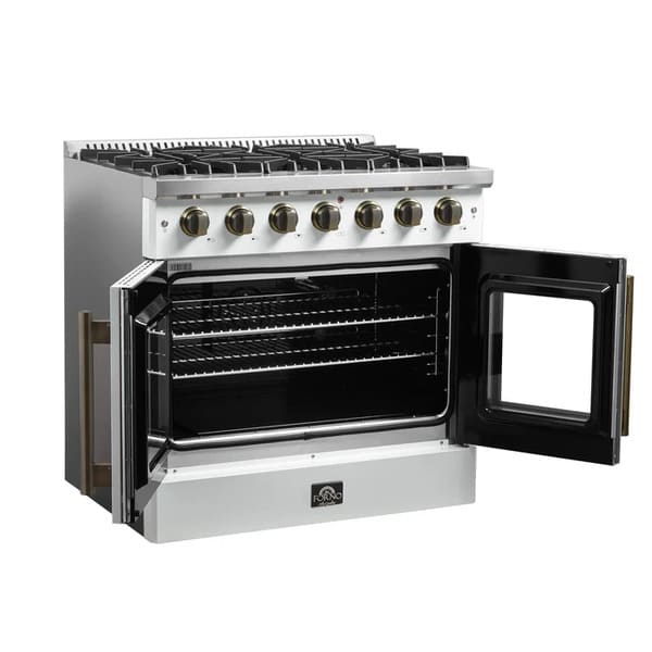 Left-angled view of the FORNO Galiano 36-Inch French Door Gas Range in white with both oven doors open, revealing a blue enamel interior, convection fan, and chrome oven racks for multi-level cooking.