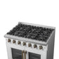 Right-angled view of the cooktop on the FORNO Galiano 36-Inch French Door Gas Range in white, featuring six Italian brass burners, continuous cast iron grates, and brass-accented control knobs.