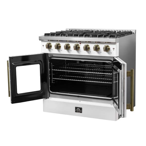 Right-angled view of the FORNO Galiano 36-Inch French Door Gas Range in white with both oven doors open, displaying the spacious blue enamel oven cavity, convection fan, and multiple chrome racks.