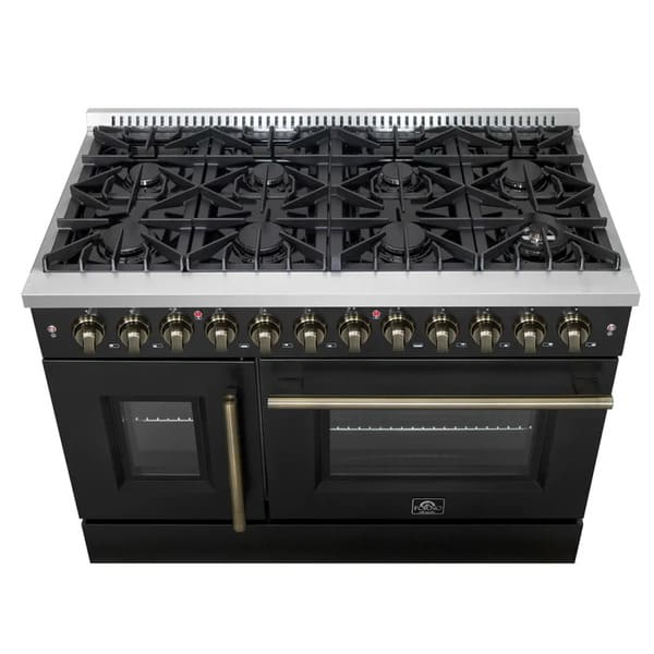 FORNO Galiano 48-Inch French Door Dual Fuel Range with 8 Burners and 6.58 Cu. Ft. Electric Convection Oven in Black/White with Antique Brass Trim - MyBBQDirect