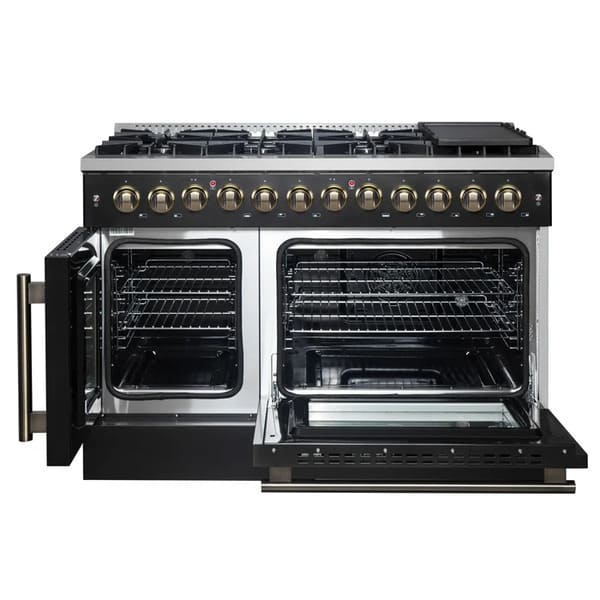 FORNO Galiano 48-Inch French Door Dual Fuel Range with 8 Burners and 6.58 Cu. Ft. Electric Convection Oven in Black/White with Antique Brass Trim - MyBBQDirect
