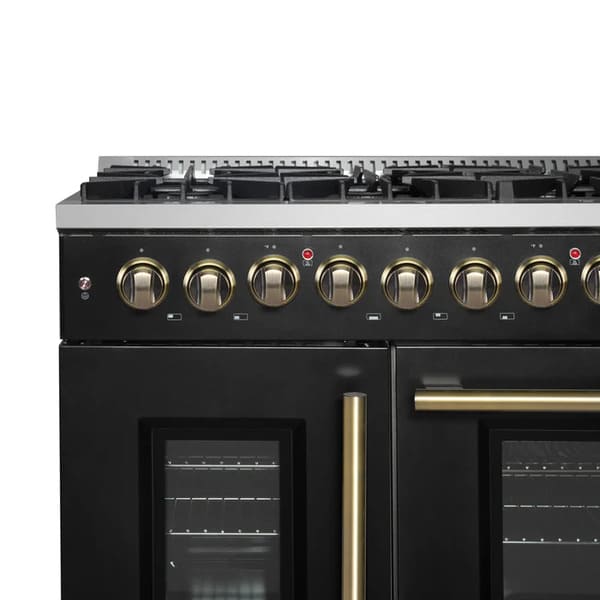FORNO Galiano 48-Inch French Door Dual Fuel Range with 8 Burners and 6.58 Cu. Ft. Electric Convection Oven in Black/White with Antique Brass Trim - MyBBQDirect