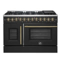 Front view of the FORNO Galiano 48-Inch French Door Dual Fuel Range in Black, showcasing its elegant French doors, brass-accented knobs, and spacious stainless-steel cooktop.
