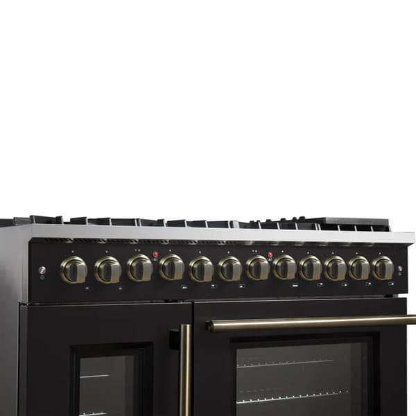 FORNO Galiano 48-Inch French Door Dual Fuel Range with 8 Burners and 6.58 Cu. Ft. Electric Convection Oven in Black/White with Antique Brass Trim - MyBBQDirect