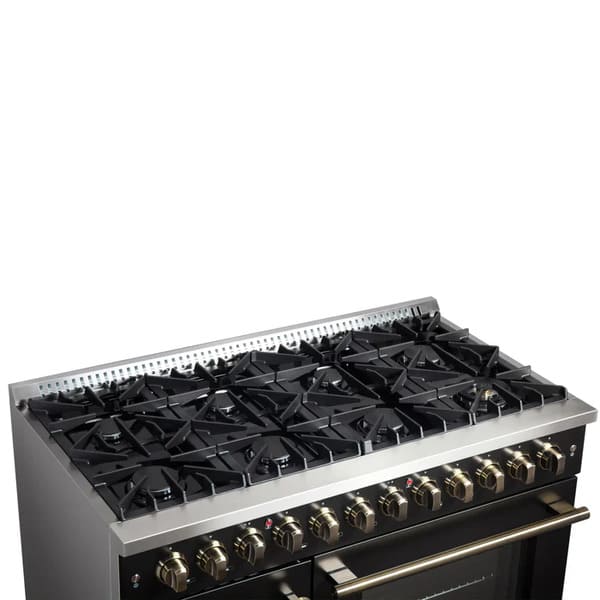 FORNO Galiano 48-Inch French Door Dual Fuel Range with 8 Burners and 6.58 Cu. Ft. Electric Convection Oven in Black/White with Antique Brass Trim - MyBBQDirect