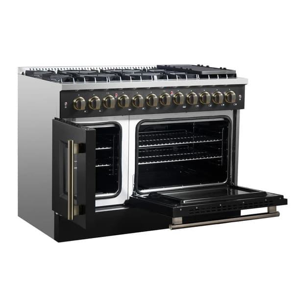 FORNO Galiano 48-Inch French Door Dual Fuel Range with 8 Burners and 6.58 Cu. Ft. Electric Convection Oven in Black/White with Antique Brass Trim - MyBBQDirect