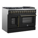 Left-angled view of the FORNO Galiano 48-Inch French Door Dual Fuel Range in Black, featuring stylish French doors, six brass-accented knobs, and a professional stainless-steel cooktop.