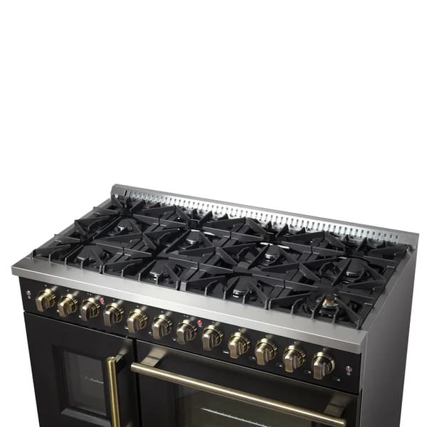 FORNO Galiano 48-Inch French Door Dual Fuel Range with 8 Burners and 6.58 Cu. Ft. Electric Convection Oven in Black/White with Antique Brass Trim - MyBBQDirect