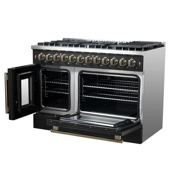 FORNO Galiano 48-Inch French Door Dual Fuel Range with 8 Burners and 6.58 Cu. Ft. Electric Convection Oven in Black/White with Antique Brass Trim - MyBBQDirect