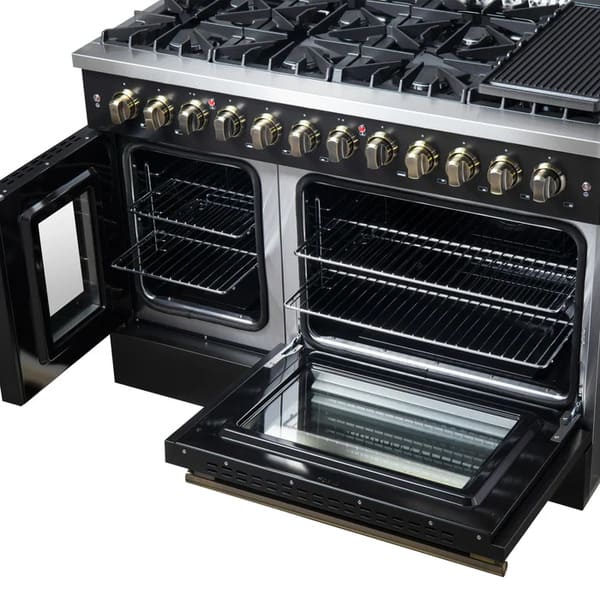 FORNO Galiano 48-Inch French Door Dual Fuel Range with 8 Burners and 6.58 Cu. Ft. Electric Convection Oven in Black/White with Antique Brass Trim - MyBBQDirect