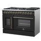 Right-angled view of the FORNO Galiano 48-Inch French Door Dual Fuel Range in Black, showcasing its dual ovens, French door design, and robust stainless-steel cooktop with multiple burners.