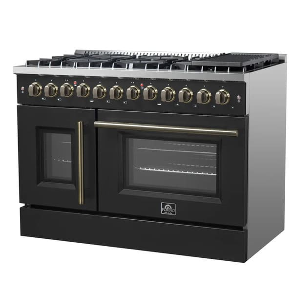 Right-angled view of the FORNO Galiano 48-Inch French Door Dual Fuel Range in Black, showcasing its dual ovens, French door design, and robust stainless-steel cooktop with multiple burners.
