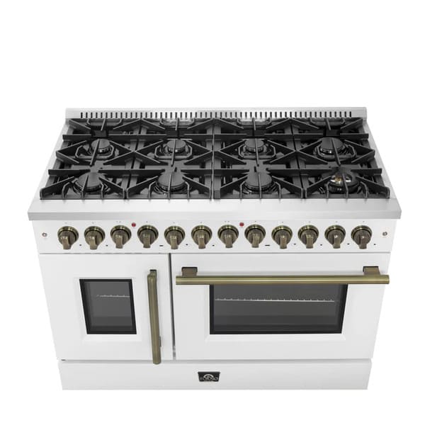 FORNO Galiano 48-Inch French Door Dual Fuel Range with 8 Burners and 6.58 Cu. Ft. Electric Convection Oven in Black/White with Antique Brass Trim - MyBBQDirect