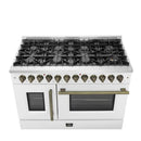 FORNO Galiano 48-Inch French Door Dual Fuel Range with 8 Burners and 6.58 Cu. Ft. Electric Convection Oven in Black/White with Antique Brass Trim - MyBBQDirect