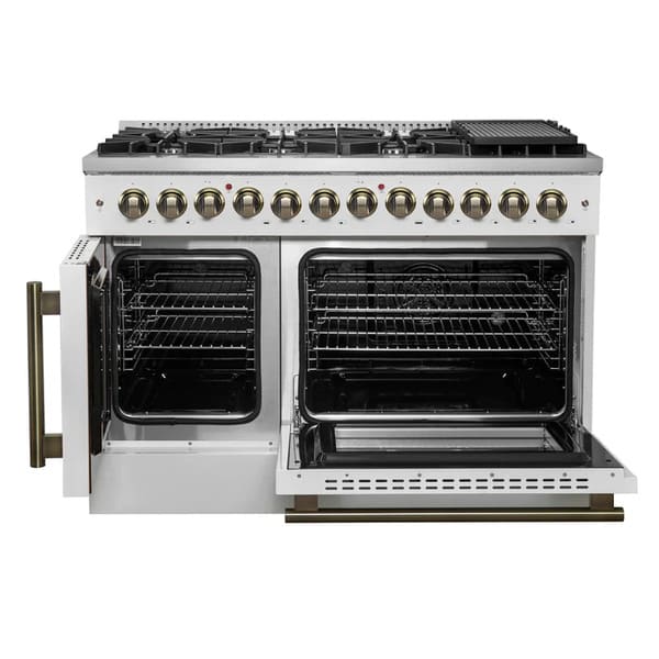 FORNO Galiano 48-Inch French Door Dual Fuel Range with 8 Burners and 6.58 Cu. Ft. Electric Convection Oven in Black/White with Antique Brass Trim - MyBBQDirect