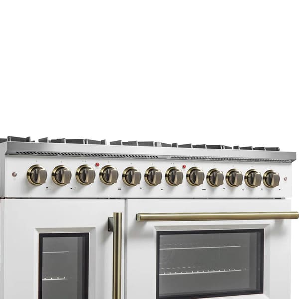 FORNO Galiano 48-Inch French Door Dual Fuel Range with 8 Burners and 6.58 Cu. Ft. Electric Convection Oven in Black/White with Antique Brass Trim - MyBBQDirect
